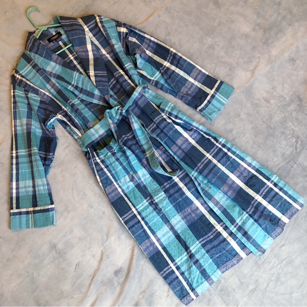 NAUTICA Sleepwear Vintage One Size 100% Cotton Blue Plaid Robe w/ Belt